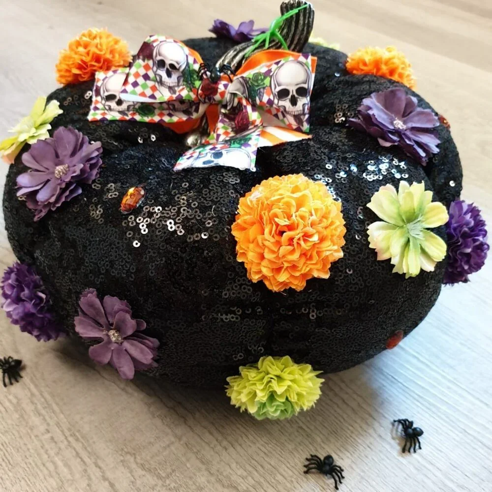 Halloween Pumpkin Black Sequin Colorful Pumpkin Center Piece Spooky Decor Gift